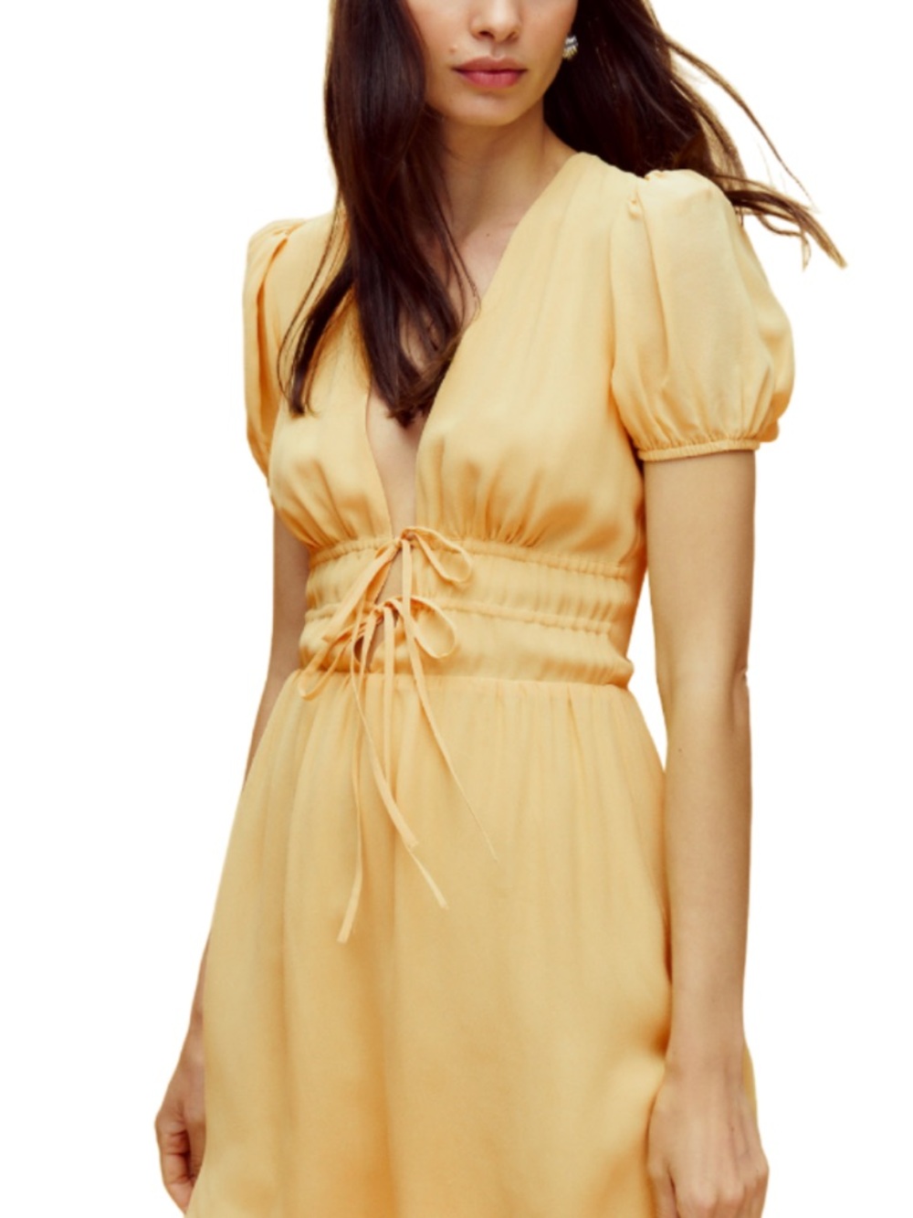Reformation Pale Yellow  Tie-Front Puff-Sleeve Mini Dress Women’s Sz 0